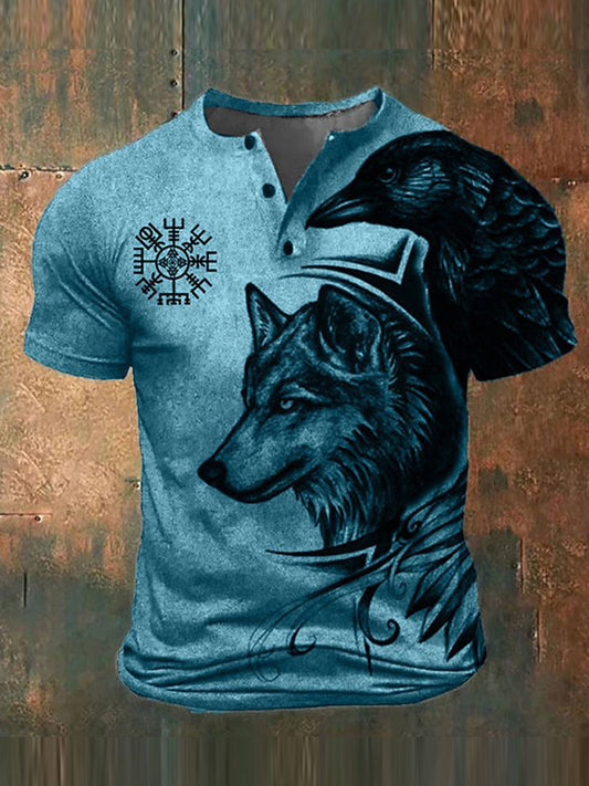 Pánské vintage vlk tisk posádka krku t-shirt top