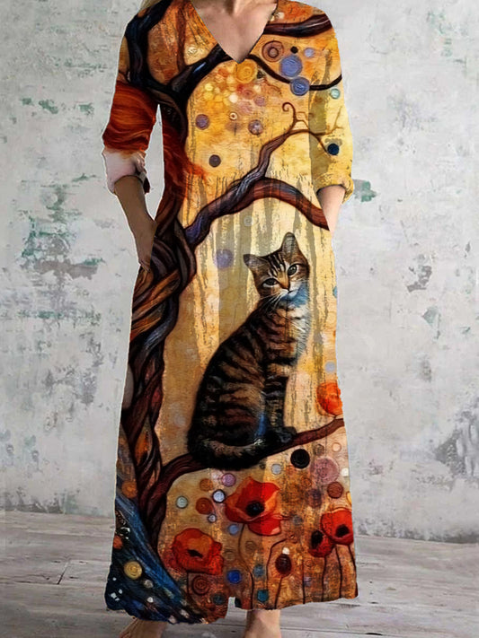 Retro Cat Art Abstracte Print Chique V-hals Elegante Midi-jurk met driekwart mouwen