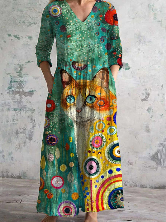 Retro Cat Art Abstracte Print Chique V-hals Elegante Midi-jurk met driekwart mouwen