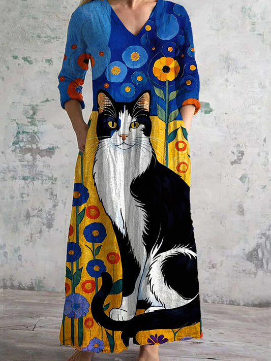 Retro Cat Art Abstracte Print Chique V-hals Elegante Midi-jurk met driekwart mouwen