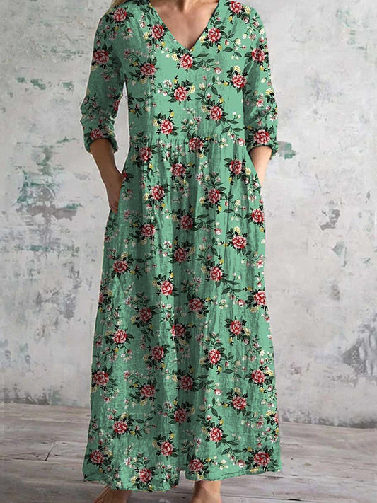 Retro bloemenprint chique V-hals driekwart mouw elegante midi-jurk