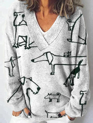 Retro herfst en winter abstracte dierenkunst print lange mouw V-hals pullover