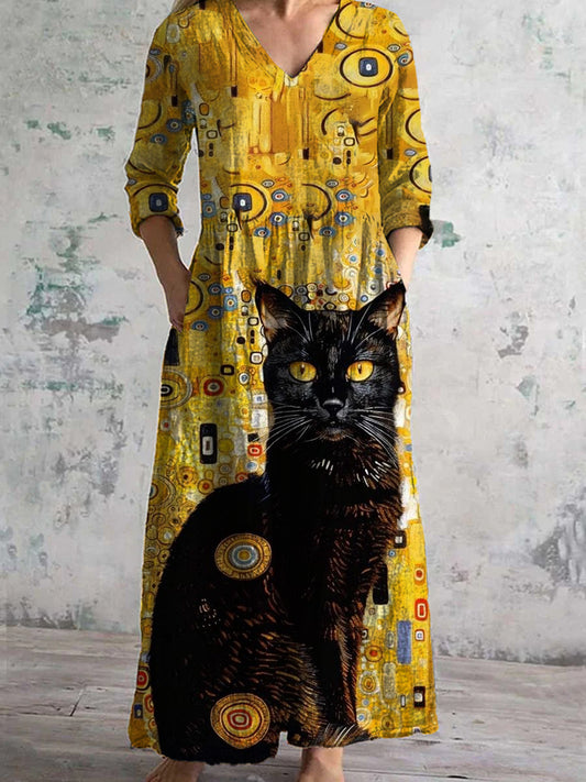 Retro Cat Art Abstracte Print Chique V-hals Elegante Midi-jurk met driekwart mouwen