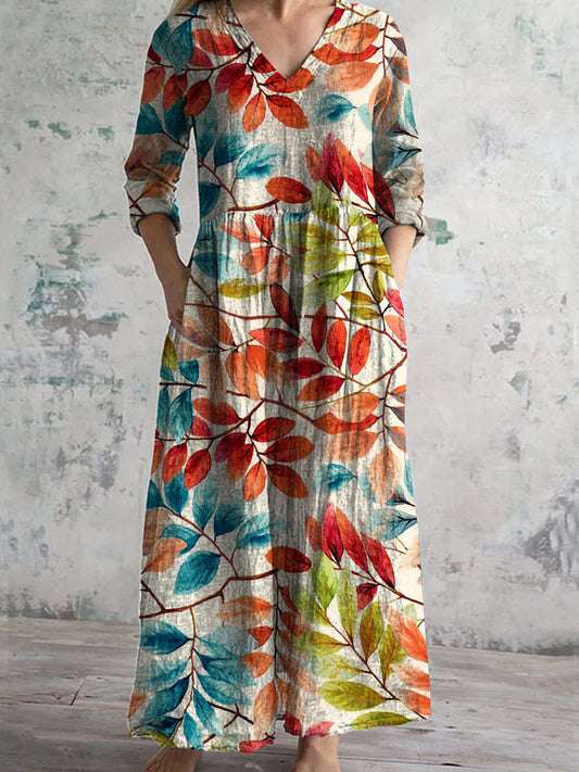 Retro Boho bloemenkunst met print V-hals vintage casual midi-jurk met lange mouwen