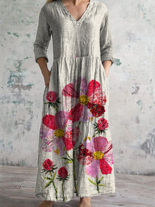 Retro Boho bloemenkunst met print V-hals vintage casual midi-jurk met lange mouwen