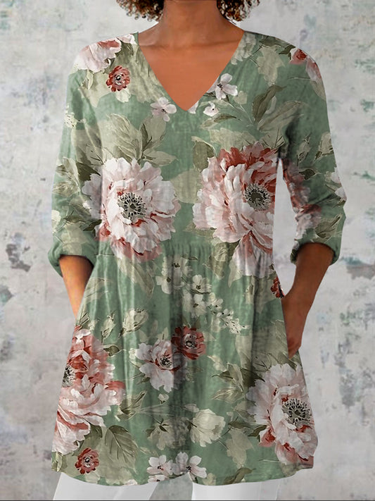 Dames vintage bloemen kunst print casual V-hals driekwart mouw elegant katoen linnen top