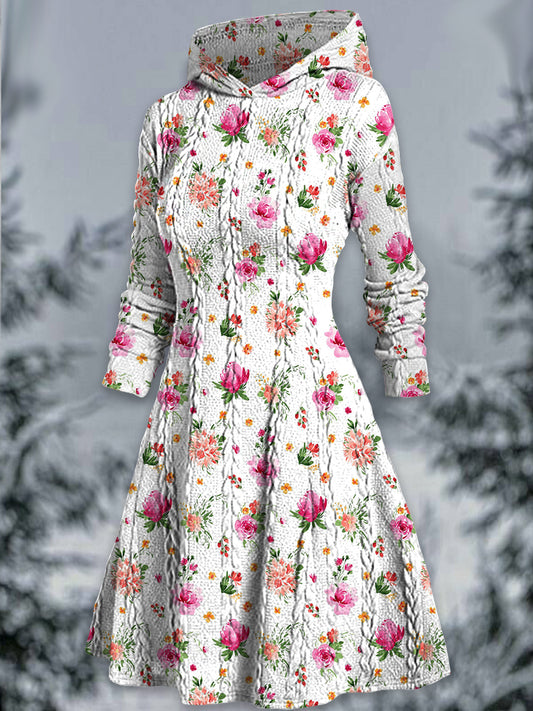 Retro bloemenkunst met print V-hals twistgraantextuur casual midi-jurk met lange mouwen en capuchon