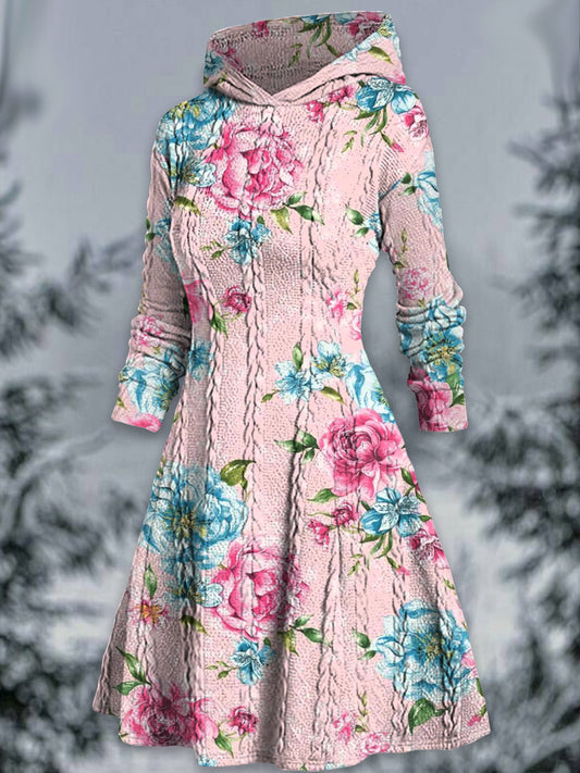 Retro bloemenkunst met print V-hals twistgraantextuur casual midi-jurk met lange mouwen en capuchon