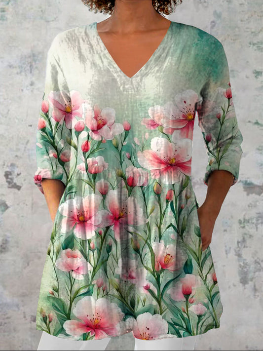 Dames vintage bloemen kunst print casual V-hals driekwart mouwen elegant katoen en linnen top