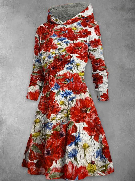 Retro bloemenkunst met print V-hals twistgraantextuur casual midi-jurk met lange mouwen en capuchon