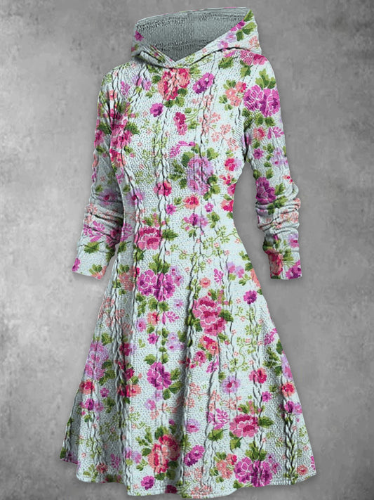 Retro bloemenkunst met print V-hals twistgraantextuur casual midi-jurk met lange mouwen en capuchon