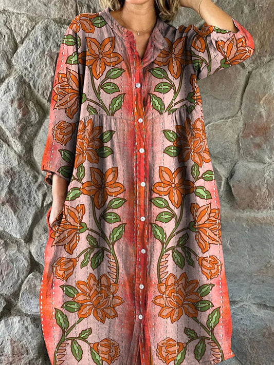 Retro Boho bloemenprint vintage chique V-hals met knoop lange mouwen midi-jurk