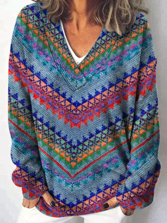 Retro Boho Art Gedrukte V-hals casual comfortabel lange mouwen los sweatshirt