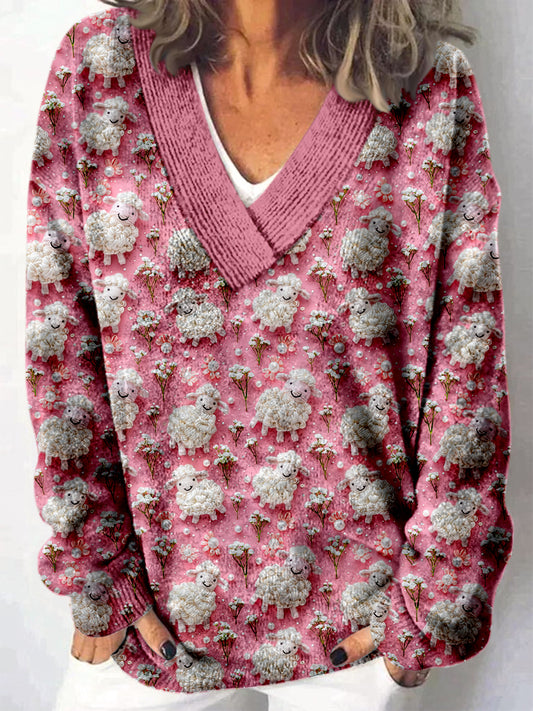 Elegante Retro bloemenprint V-hals casual comfortabele lange mouwen los sweatshirt