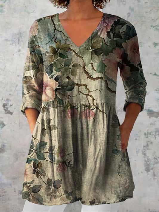 Dames vintage bloemen kunst print casual V-hals driekwart mouwen elegant katoen en linnen top