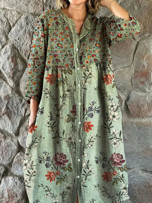 Vintage bloemenprint chique V-hals driekwart mouwen, elegante midi-jurk met knopen