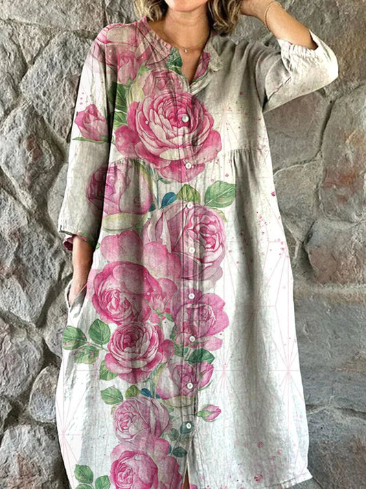 Vintage bloemenprint chique V-hals driekwart mouwen, elegante midi-jurk met knopen