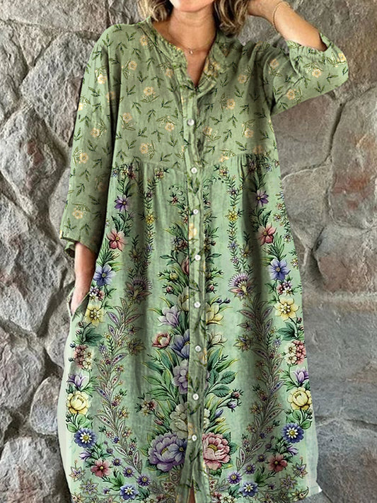 Vintage bloemenprint chique V-hals driekwart mouwen, elegante midi-jurk met knopen