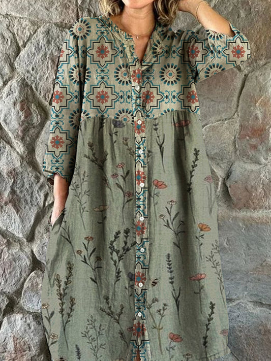 Vintage bloemenprint chique V-hals driekwart mouwen, elegante midi-jurk met knopen