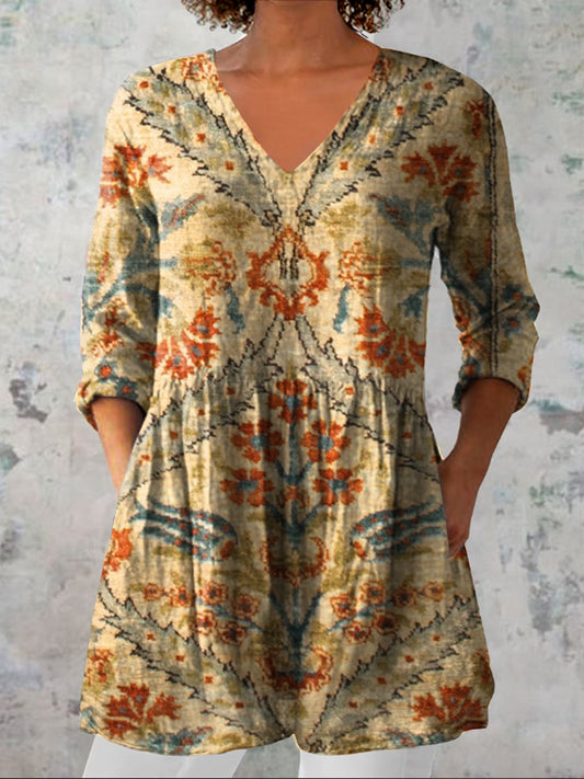 Dames vintage bloemen kunst print casual V-hals driekwart mouwen elegant katoen en linnen top