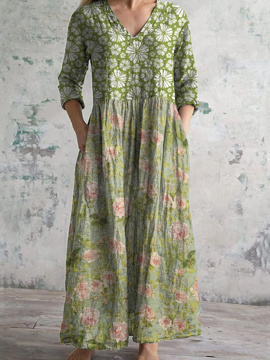 Retro bloemenkunst met print V-hals vintage casual midi-jurk met lange mouwen