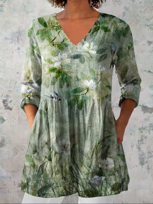 Dames vintage bloemen kunst print casual V-hals driekwart mouwen elegant katoen en linnen top