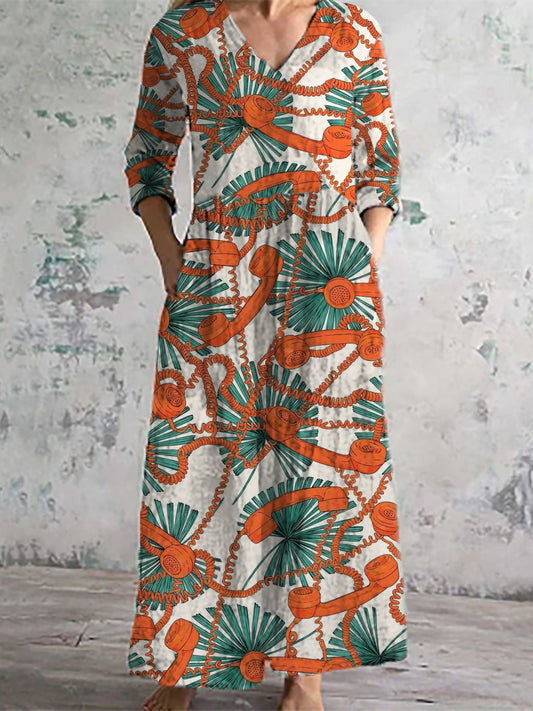 Dames mode elegante kunst print drie kwart mouw V-hals maxi jurk