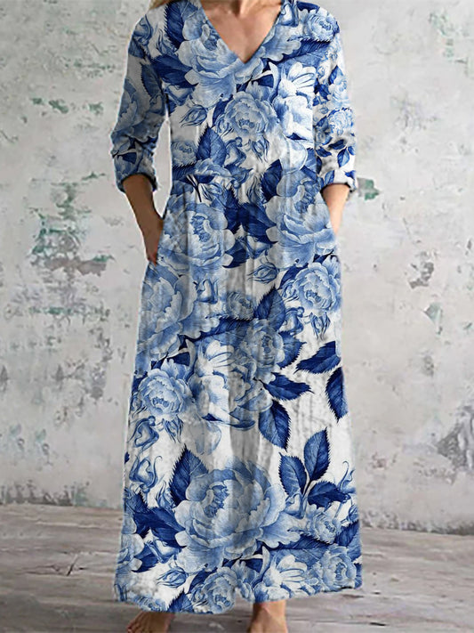 Dames mode elegante artistieke bloemenprint drie kwart mouwen V-hals maxi jurk