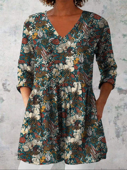 Damesmode elegante artistieke bloemenprint met drie kwart mouwen met V-hals