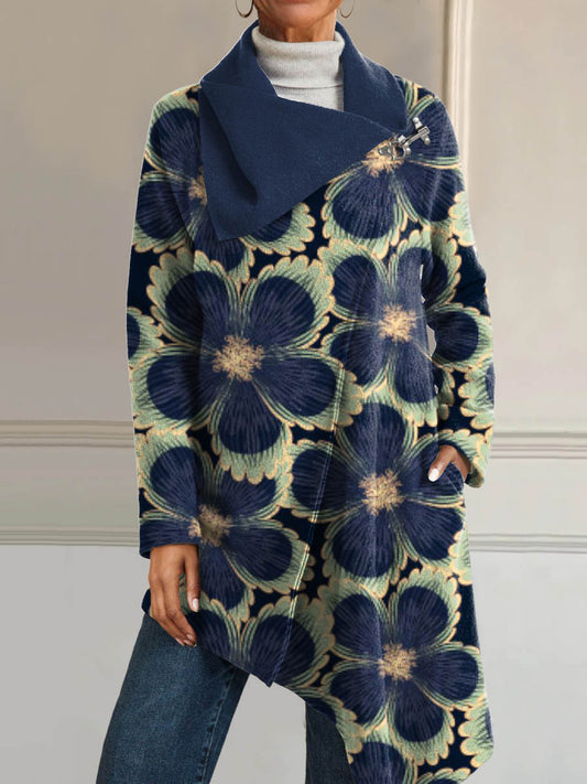 Dames vintage stijl kunst bloemenprint casual met lange mouwen comfortabele katoenen asymmetrische jas met lange mouwen