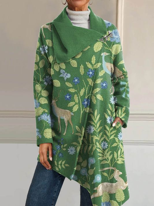 Dames vintage stijl kunst bloemenprint casual met lange mouwen comfortabele katoenen asymmetrische jas met lange mouwen