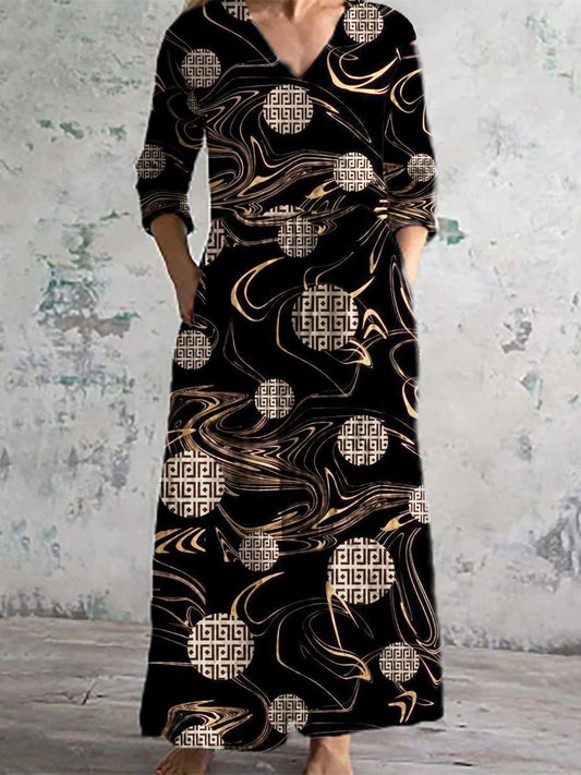 Damesmode Elegant zwart en goud contrast kunstprint driekwart mouw V-hals lange jurk