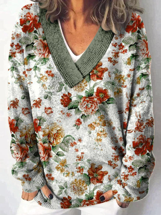 Elegante Retro bloemenprint V-hals casual comfortabele lange mouwen los sweatshirt