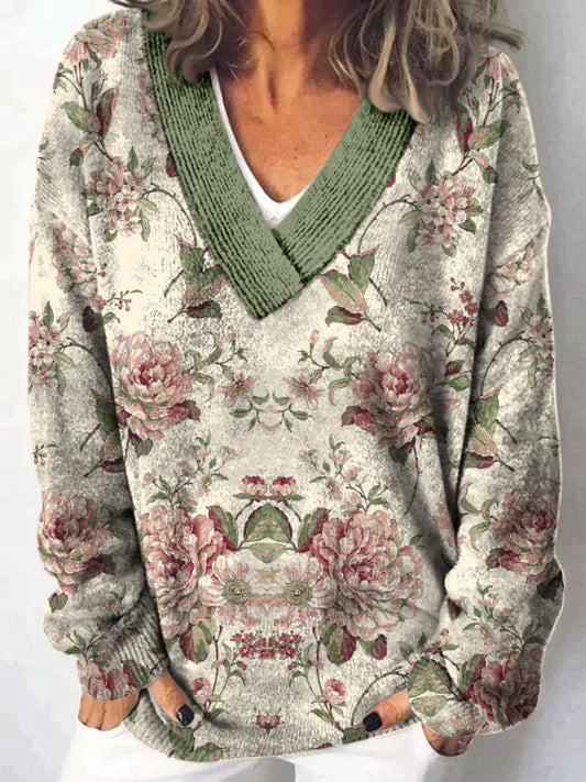 Elegante Retro bloemenprint V-hals casual comfortabele lange mouwen los sweatshirt