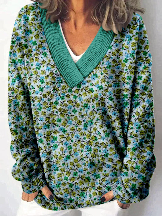 Elegante Retro bloemenprint V-hals casual comfortabele lange mouwen los sweatshirt