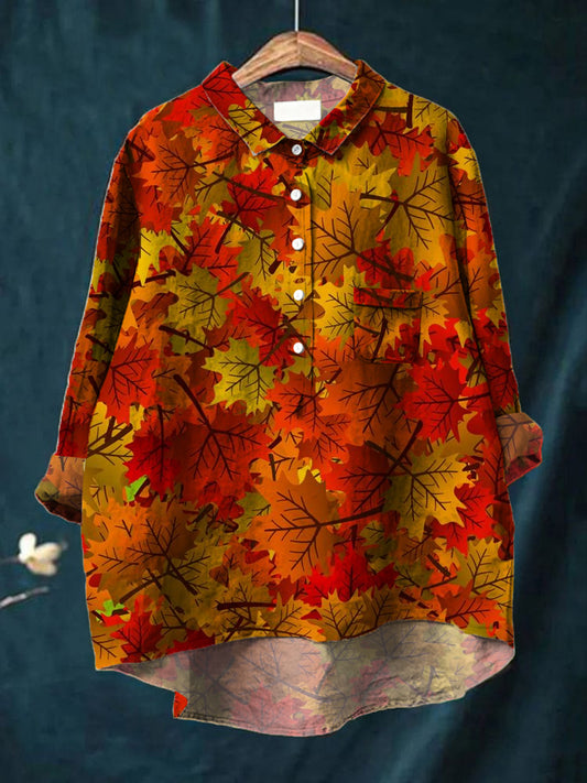 Dames Mode Elegante Kunst Maple Leaf Gedrukte V-hals Lange Mouw Pocket Button Shirt Tops