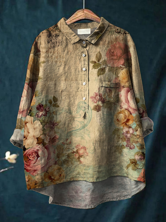 Dames vintage bloemen kunst print casual katoenen linnen ronde hals knoop zak halflange mouw shirt top