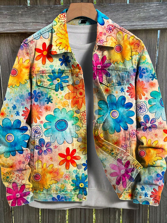 Vintage Hippie Peace Floral Art Print Dikke Casual Jacket met lange mouwen