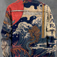 Vintage Japanse Ukiyo-E Golven en Monsters Print Dikke lange mouw casual jas