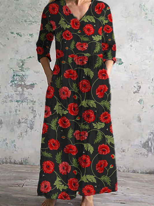 Damesmode elegante artistieke met bloemenprint V-hals drie kwart mouwen lange jurk