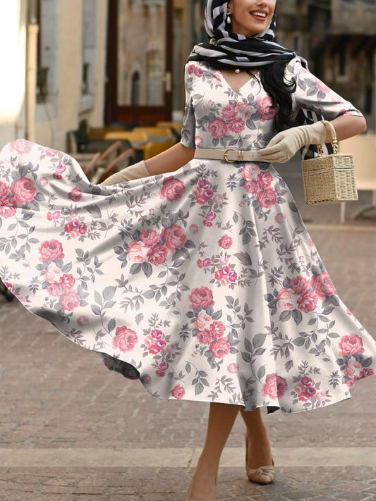 Dames vintage bloemenprint zak katoen elegante midi-jurk