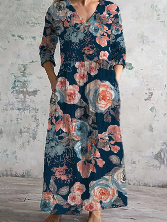 Damesmode elegante artistieke met bloemenprint V-hals drie kwart mouwen lange jurk