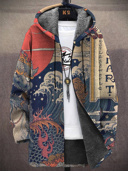 Vintage Japanse Ukiyo-E Golven En Monsters Print Pluche Dikke Casual Jacket Cardigan Jas