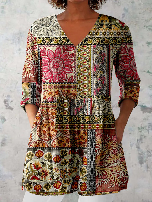 Elegante Boho bloemenprint v-hals patroon vintage losse top met lange mouwen