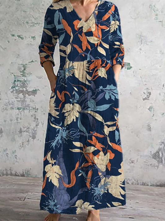 Damesmode elegante artistieke met bloemenprint V-hals drie kwart mouwen lange jurk