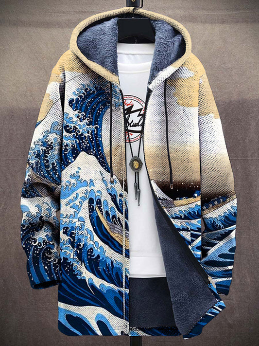 Vintage Japanse Ukiyo-E Golven En Monsters Print Pluche Dikke Casual Jacket Cardigan Jas