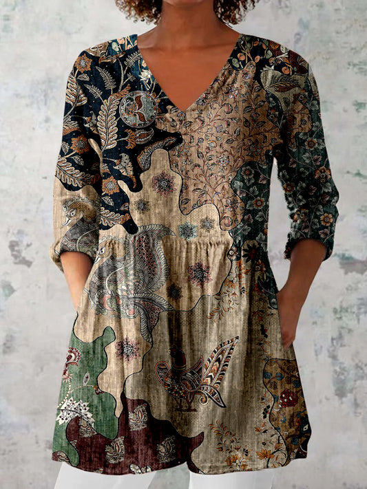 Elegante Boho bloemenprint v-hals patroon vintage losse top met lange mouwen