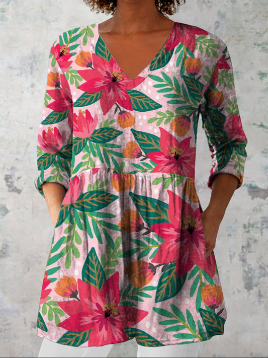 Damesmode Elegant Artistieke Bloemenprint V-hals Drie Kwart Mouw Top