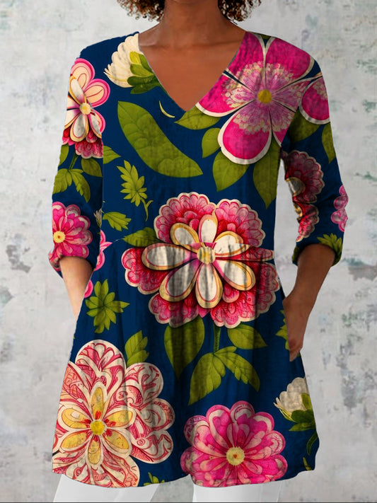 Damesmode Elegant Artistieke Bloemenprint V-hals Drie Kwart Mouw Top