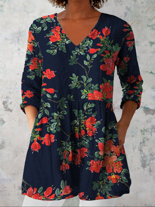 Damesmode Elegant Artistieke Bloemenprint V-hals Drie Kwart Mouw Top